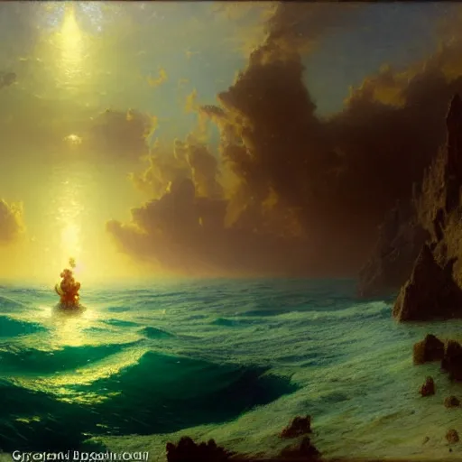 Image similar to point of view of deep in the ocean looking up, you see fishes, higher up you see very clearly the milk way illuminating the sea down bellow, night time. highly detailed painting by gaston bussiere, greg rutkowski 8 k