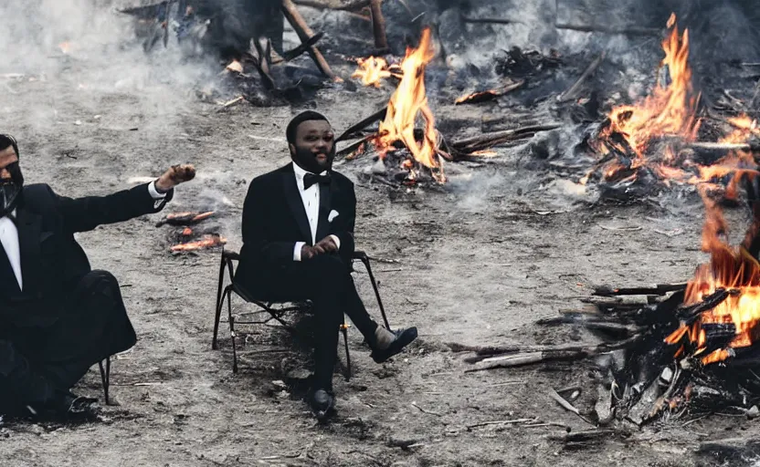 Image similar to a man wearing a tuxedo sitting in the middle of a bonfire