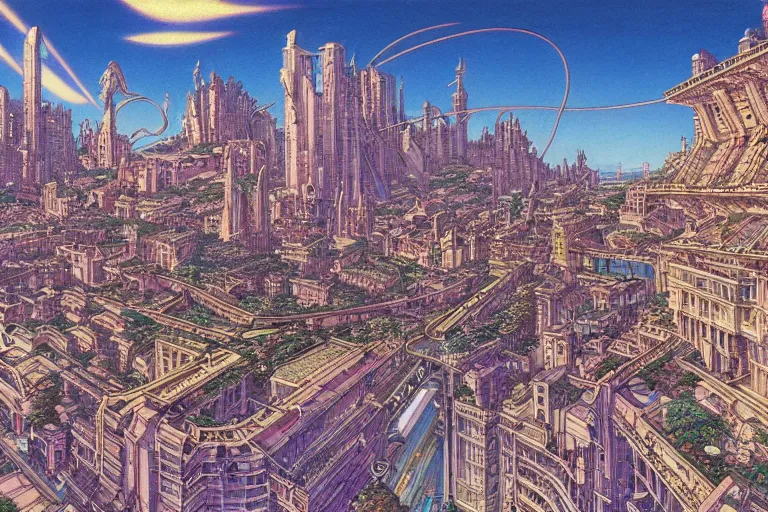 Image similar to establishing shot of a late renaissance coastal city, intricate linework, in the style of moebius, ayami kojima, 1 9 9 0's anime, retro fantasy