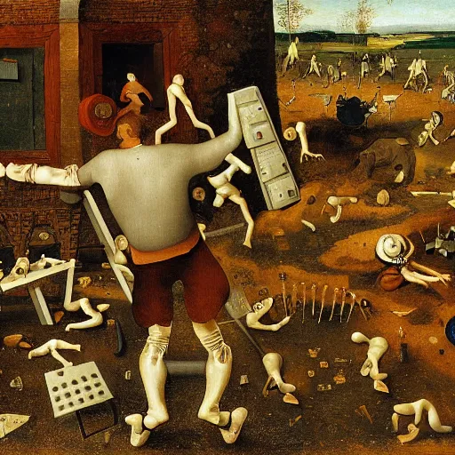 Prompt: a frustrated computer programmer surrounded by parts and dancing skeletons, by bruegel