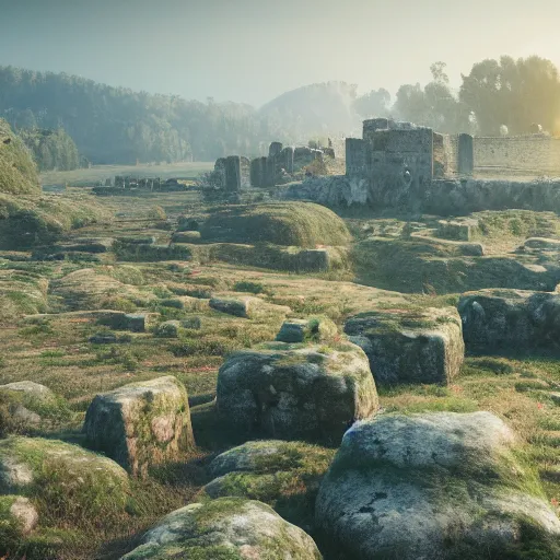 Image similar to a vast picturesque valley with ancient Roman ruins field with limestone rocks, photo real, octane render, artstation, matepaintig, 8K