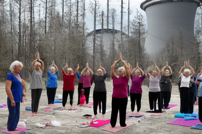 Prompt: senior citizen yoga club meeting, outside Cherynobyl nuclear reactor during meltdown