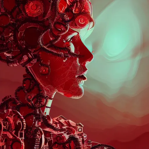 Image similar to digital, 2 dmatte, painting, illustration, abstract, illustration art, photoshop, fantasy, matte painting, abstract, red woman, intricate lines, made of tiny gears and robot parts