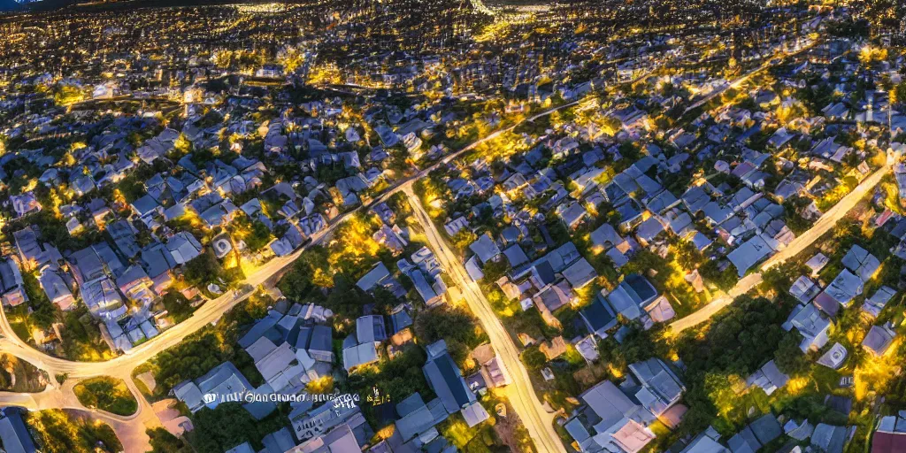 Image similar to Night view of suburb streets and residential apartment buildings in the distance. 3d spherical panorama with 360 viewing angle ready for virtual reality or vr. full equirectangular projection. low angle eye level view