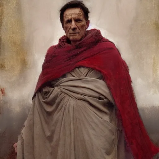 Prompt: the end is near. a tired julius caesar is sitting on a throne. portrait. face is highly detailed. intricate. splices of red are running down his toga. close shot. dark background. soft light. imagined by jeremy lipking and alphonse mucha