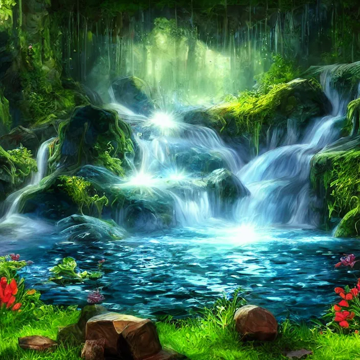 Image similar to Waterfall with treasure hidden behind the water stream, fantasy art style, glowing chest