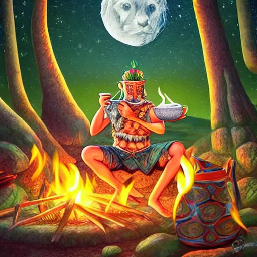 Image similar to richly detailed colored pencil 3 d illustration of spartan drinking tea at campfire with trichocereus background and smoke haze full moon ayahuasca peyote art by rossdraws range murata and artgerm fantasy