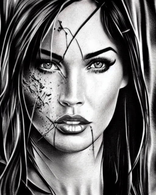 Prompt: realism tattoo design sketch of megan fox blended with beautiful mountain scenery, in the style of dan mountford, double exposure photography, hyper realistic, amazing detail, black and white