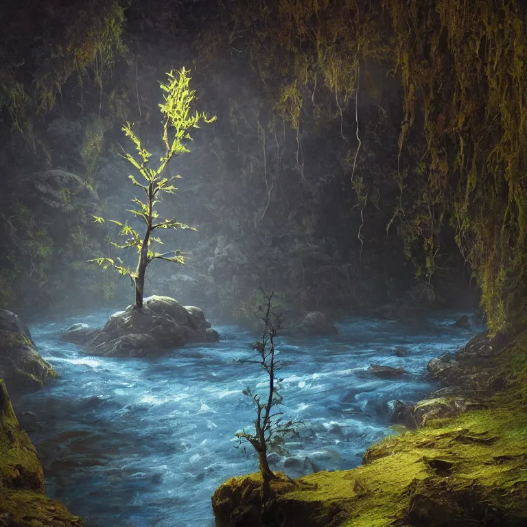 Image similar to A beautiful, highly detailed, very realistic oil painting of a single tree with rainbow leaves, next to a small river, glowing bright blue in the middle of a huge, very dark cave, with lots of dark grey rocks, oil painting by Greg Rutkowski.