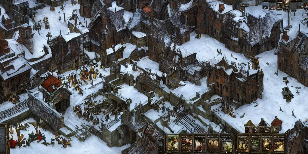 Image similar to RTS gameplay third person in style of Brueghel paintings, painting, Stronghold strategy gameplay, high detailed,dark fantasy, dark tones, medieval, snow, buildings, castle, armored units, cavalry,RPG, high detailed, contrast, octane render,mill, farm, creative