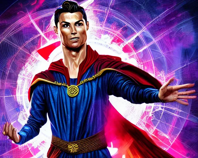 Image similar to cristiano ronaldo as doctor strange, colorful spells, fantasy art, in the style of Fernando Juarez, illustration, epic art, fantasy, intricate, elgant, amazing detail, digital painting, artstation, concept art, smooth, sharp focus