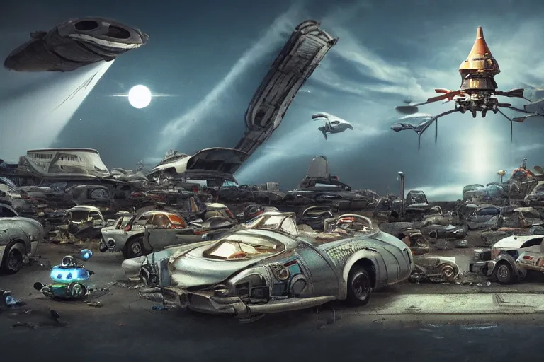 Prompt: spaceship junkyard many small robots working spotlights highly detailed award winning 4k