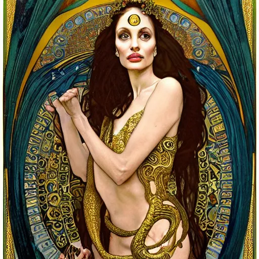 Image similar to realistic detailed dramatic symmetrical portrait of Angelina Jolie as Salome dancing, wearing an elaborate jeweled gown, by Alphonse Mucha and Gustav Klimt, gilded details, intricate spirals, coiled realistic serpents, Neo-Gothic, gothic, Art Nouveau, ornate medieval religious icon, long dark flowing hair spreading around her