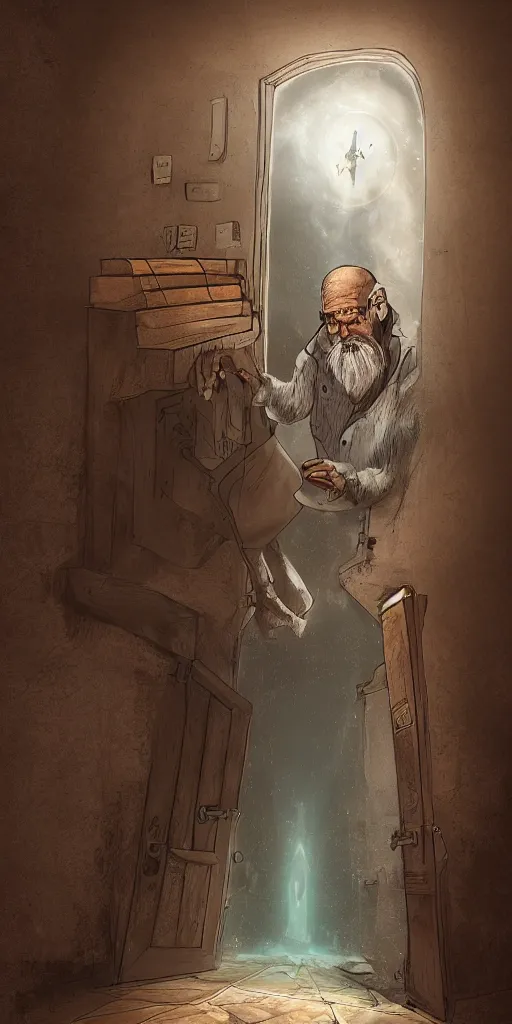 Prompt: old man going through a door to another dimension, fantasy, 4 k, digital art,