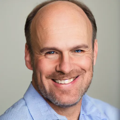 Image similar to color photograph of a balding, middle aged, brown haired, hairy, blue eyed, round faced, short white man dressed in a white shirt, smiling at the camera with perfect, straight white teeth