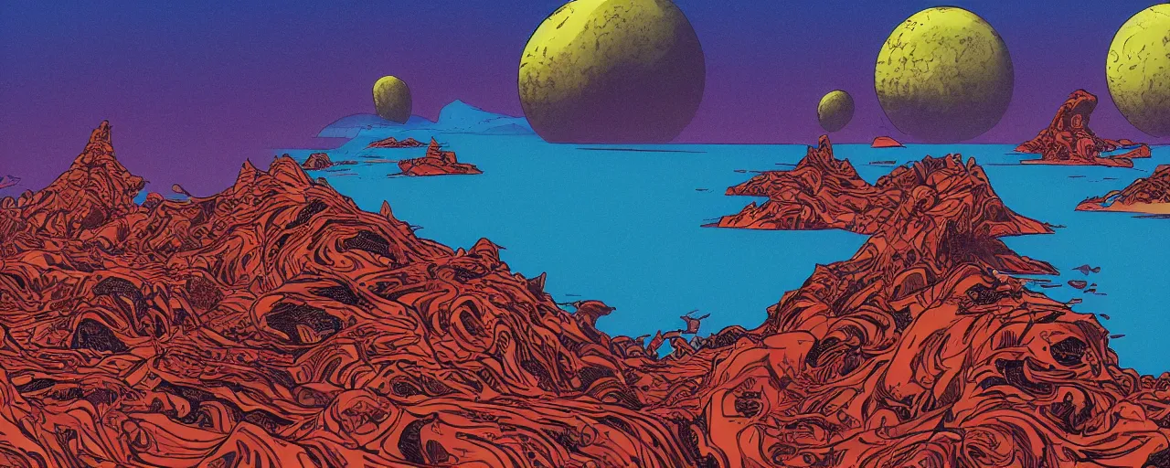 Prompt: panoramic view of an island on an alien planet, bold warm colours, intricate, elegant, highly detailed, smooth, sharp focus, graphic novel,