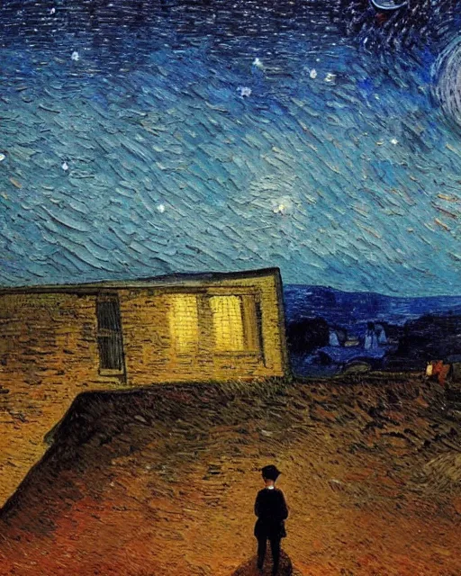 Prompt: a person looking at the night sky with stars, colorful, beautiful, national geographic, very detailed, astrophotography, oil painting, canvas, Vincent van Gogh, Caspar David Friedrich