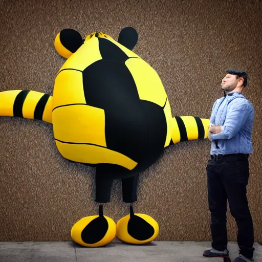 Prompt: a giant bee next to a scared human, picture, ultrarealistic, very detailed, award winning