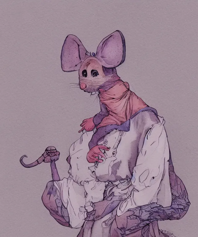 Image similar to a watercolor ink painting of the selfless female anthropomorphic mouse midwife. her wardrobe is complicated in the style of moebius in the style of anti - art trending on artstation deviantart pinterest furaffinity hyper detailed photorealistic highlights and shadow hd 8 k post - processing high resolution