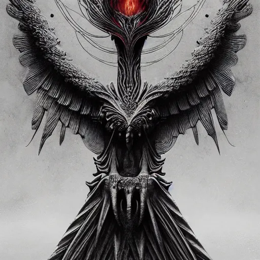 Image similar to bird phoenix of lava, dark, fire from inside, blood vesels, dystopian surrealism, art style zdzisław beksinski, symmetry accurate features, very intricate details, high resolution, symmetrical long head, smooth marble surfaces, detailed ink illustration, cinematic smooth stone, deep aesthetic, concept art, carved marble texture silk cloth, latex skin, highly ornate