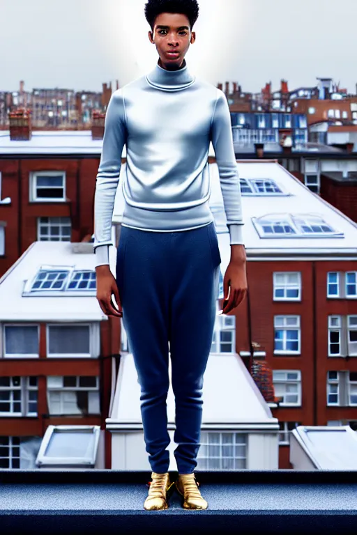 Image similar to un ultra high definition studio quality photographic art portrait of a young man standing on the rooftop of a british apartment building wearing soft padded silver pearlescent clothing. three point light. extremely detailed. golden ratio, ray tracing, volumetric light, shallow depth of field. set dressed.