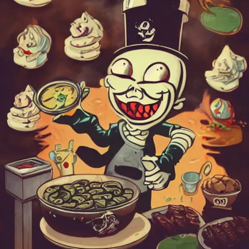 Image similar to evil human cookie cooking a bunch of cookies, in the kitchen, cuphead, painterly, logo, graffiti, elegant, highly detailed, digital art, art by jc leyendecker and sachin teng