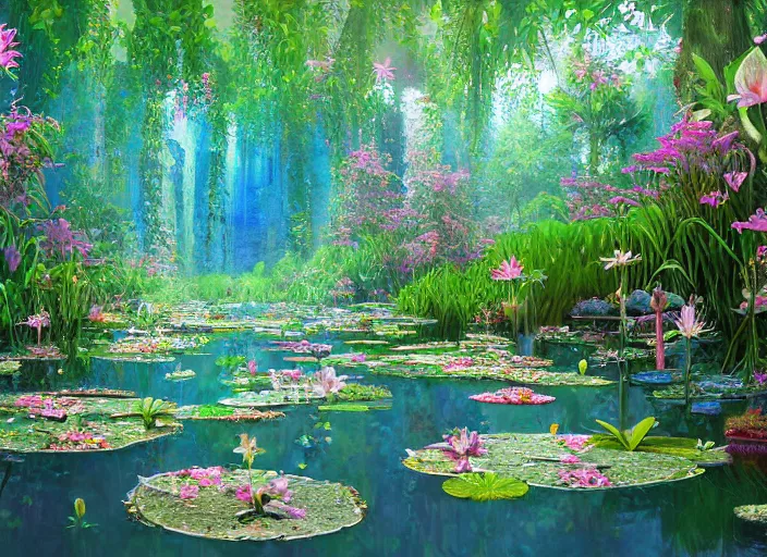 Prompt: An overgrown room, flooded with crystal clear water, overgrown with lily pads, lush bushes and colorful flowers, digital art, trending on Artstation, immaculate scale, amazing composition, detailed painting