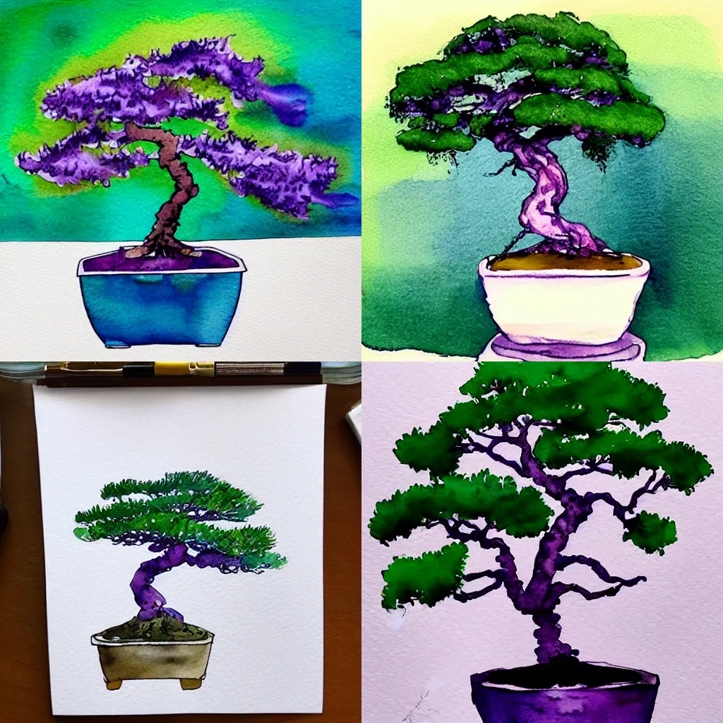 Prompt: purple bonsai tree, watercolor and ink