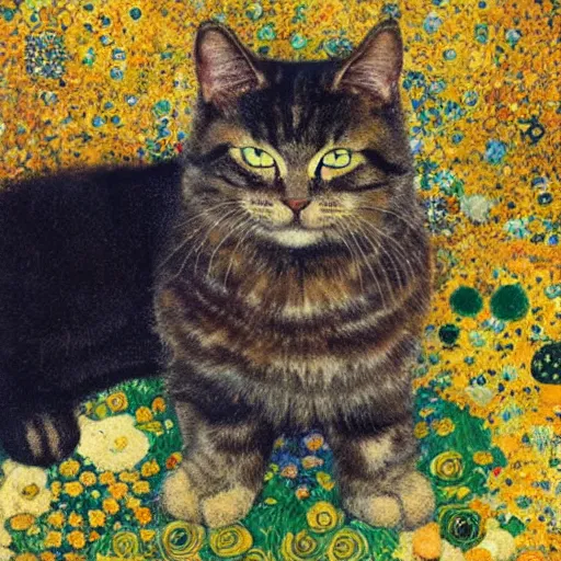 Image similar to portrait of a very fluffy dark tabby cat with green eyes, starlight, full body, smiling cat, golden colors, flowers, canned cat food, intricate, elegant, highly detailed, smooth, sharp focus, illustration, art by gustav klimt