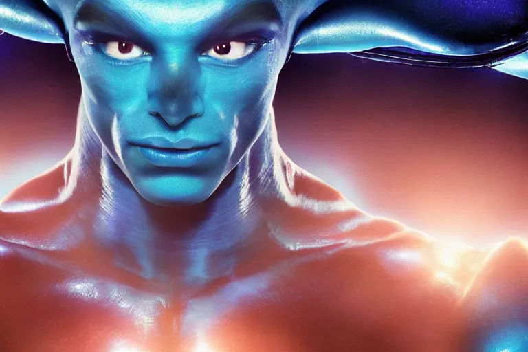 Image similar to vfx movie scene closeup portrait of beautiful blue body paint buff muscular alien man dancing in sleek futuristic decadent spaceship pillars, alien antenna, futuristic ballroom. big eyes, soft skin, giant windows view of earth obit. by emmanuel lubezki