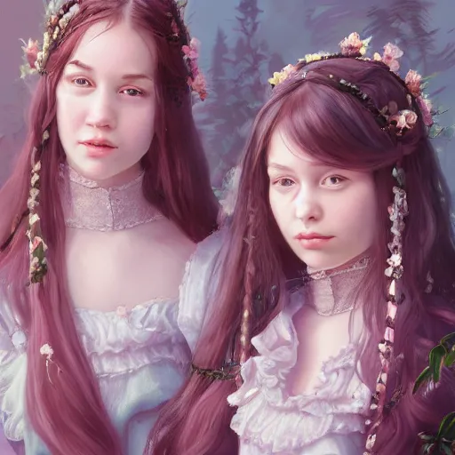 Prompt: a highly detailed portrait of sisters with purpure very very long hair, There are large snow-white peonies in the background, artstation, highly detailed, portrait, by ghilby