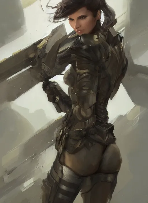 Image similar to a professional painting of a beautiful young female, clothed in stealthy military armor, olive skin, long dark hair, beautiful bone structure, symmetrical facial features, intricate, elegant, digital painting, concept art, smooth, sharp focus, illustration, from Metal Gear, by Ruan Jia and Mandy Jurgens and Artgerm and William-Adolphe Bouguerea