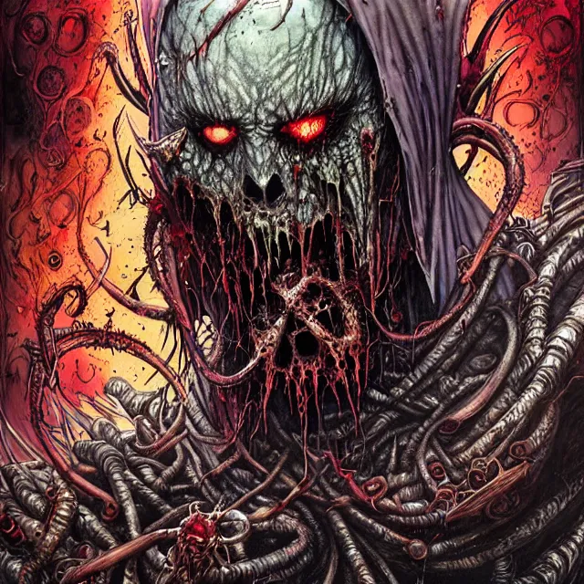 Prompt: expressive and dreadfull, detailed, flowing organic background, black ink & copic markers, vibrant muted colors, disturbing grunge still of a [ solomonic demon infested ] [ spawn ], by arthur adams, by tom bagshaw