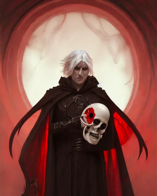 Image similar to '' Portrait of a blood warlock holding a skull, white hair, bone wings, dark cape, dark eyes, dark red background, high detail, 4k , digital painting, artstation, concept art, sharp focus, illustration, art by greg rutkowski and alphonse mucha ''