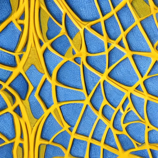 Image similar to thin lines, fractals, lichen macro, serpentine twisty maze, carved soapstone ceiling relief paneling, blue and yellow