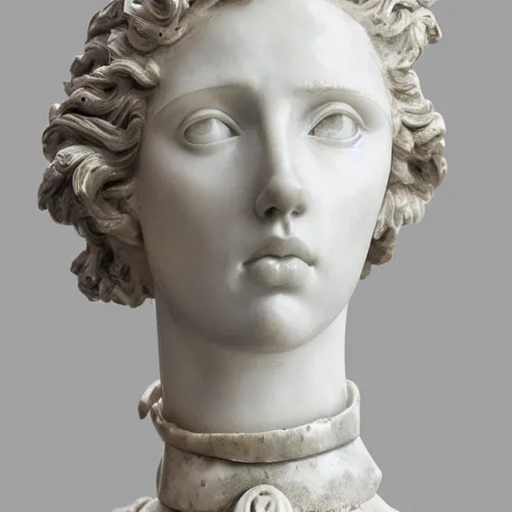 Image similar to a white art nouveau marble sculptural bust of a worried young scarlett johansson as joan of arc, with silver plate armor, delicate, intricate, smooth, beautiful, by charles van der stappen