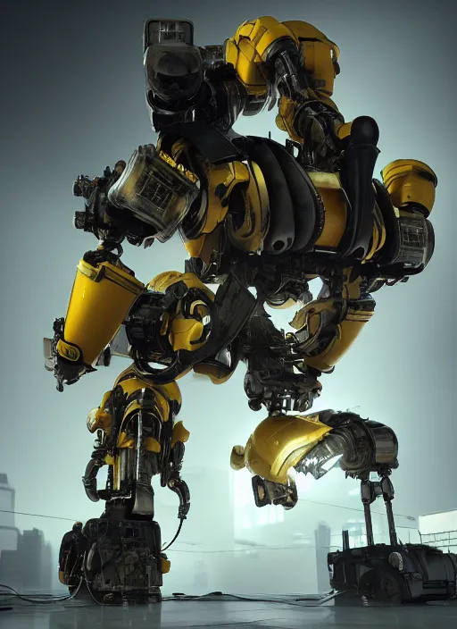 Image similar to a photorealistic dramatic hyperrealistic render of a futuristic exosuit power loader heavy machinery, ultra realistic details, glossy yellow, well worn, oil stains by vitaly bulgarov and mike nash, beautiful dramatic dark moody tones and lighting, cinematic atmosphere, studio lighting, shadows, dark background, octane render, 8 k