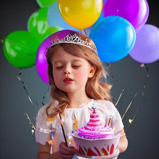 Image similar to a closeup photorealistic photograph of disney princess sophia at her birthday holding balloons and eating cake. brightly lit scene. this 4 k hd image is trending on artstation, featured on behance, well - rendered, extra crisp, features intricate detail, epic composition and the style of unreal engine.