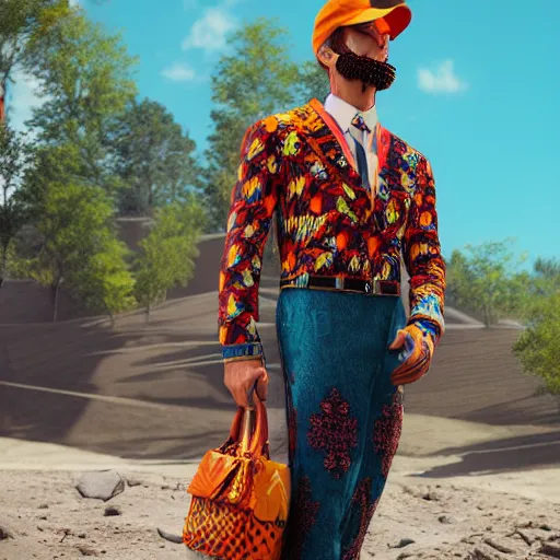 Image similar to a man festival outfit designed by prada, bold, colorful, mid view, very detailed render, very realistic render, elegant render, rendered in unreal engine and cryengine