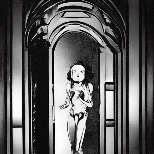 Prompt: detailed still of beautiful Ripley-Sigourney Weaver wearing a white singlet and cat Jonesy moving apartment New York City 1983, gothic building entrance way Art Deco H.R. Giger, cinematic feel, high octane