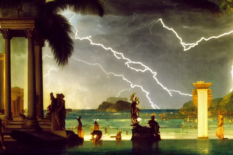 Prompt: mediterranean balustrade and palace columns, refracted lightnings on the ocean, thunderstorm, tarot cards characters, beach and Tropical vegetation on the background major arcana sky and occult symbols, by paul delaroche, hyperrealistic 4k uhd, award-winning, very detailed paradise