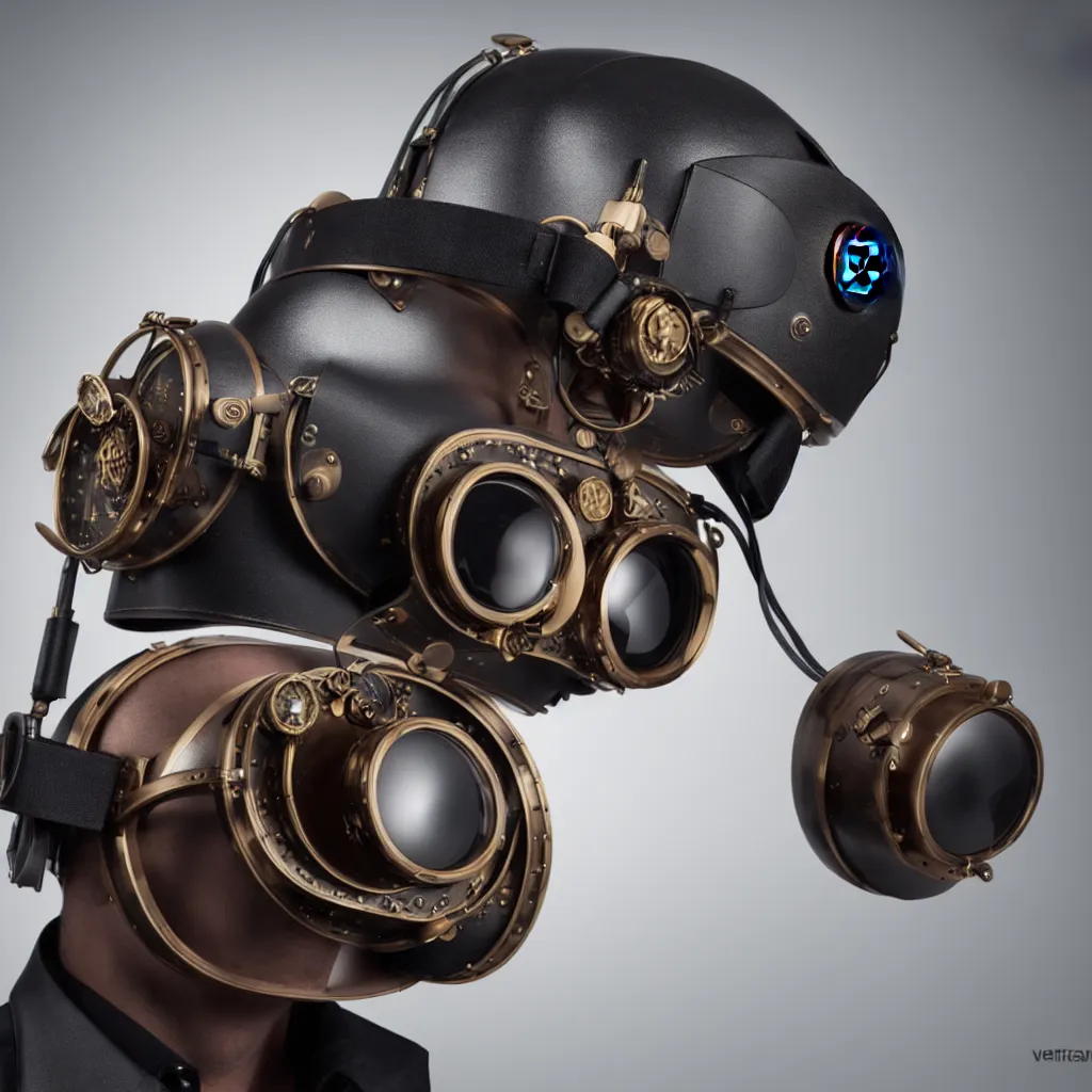 Prompt: a steampunk virtual reality headset in the style of a mercedes 5 0 0 ssk, insanely integrate, 8 k, productphoto, full shot, studiolight