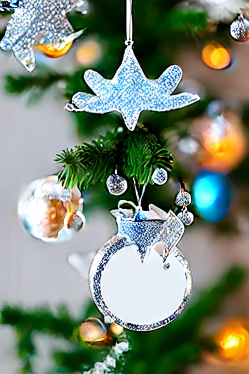 Image similar to flat sticker scandi christmas tree with kitsch glitzy baubles and stars and christmas robin bird decorations, silver sapphire blue white mood, smooth sharp focus