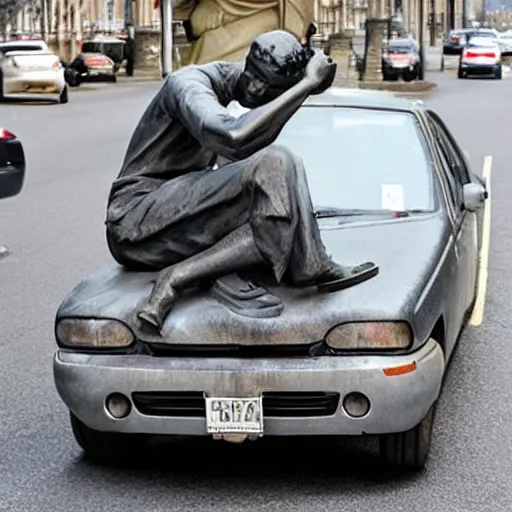 Prompt: statue of a car driver stuck in traffic