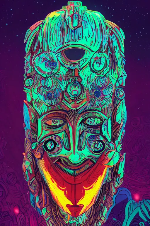 Image similar to totem animal tribal chaman vodoo mask feather gemstone plant wood rock video game illustration vivid color borderlands by josan gonzales and dan mumford radiating a glowing aura