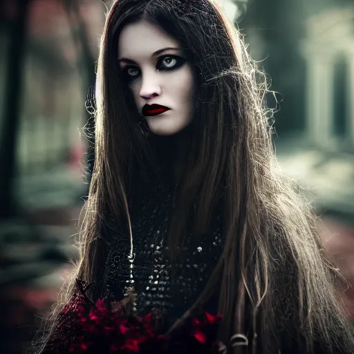 Image similar to A beautiful portrait of a lady vampire, victorian, ominous, depth of field, bokeh, irwin penn, soft light, cinematic