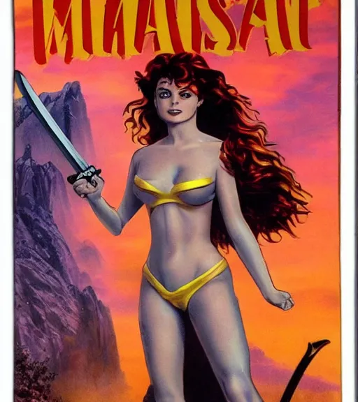 Image similar to 1 9 8 0 s fantasy novel book cover, amazonian ariel winter in extremely tight bikini armor wielding a cartoonishly large sword, exaggerated body features, dark and smoky background, low quality print