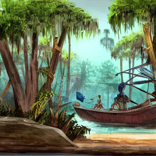 Image similar to concept art of boat ride themed to a florida swamp