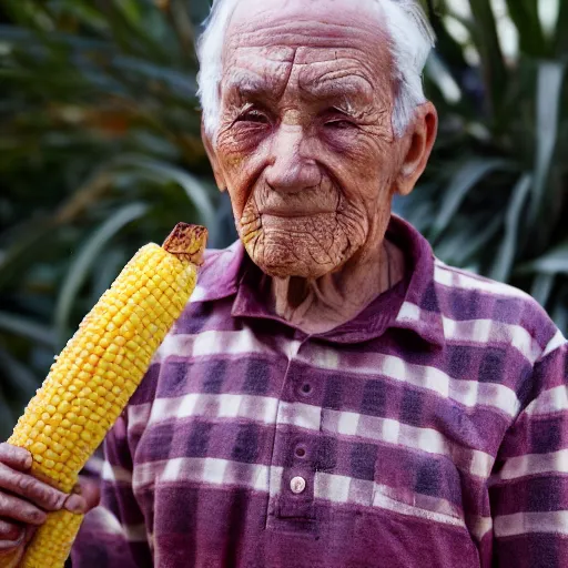 Image similar to an elderly man wearing a mask made from a tortilla, holding a sword made from elote, bold natural colors, national geographic photography, masterpiece, 8 k, raw, unedited, symmetrical balance