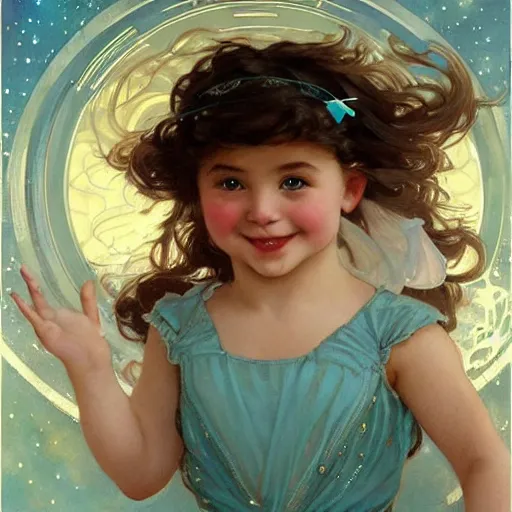 Prompt: a cute little girl with a round cherubic face, blue eyes, and short curly light brown hair smiles as she floats in space with stars all around her. She is wearing a turquoise dress. Beautiful painting by Artgerm and Greg Rutkowski and Alphonse Mucha